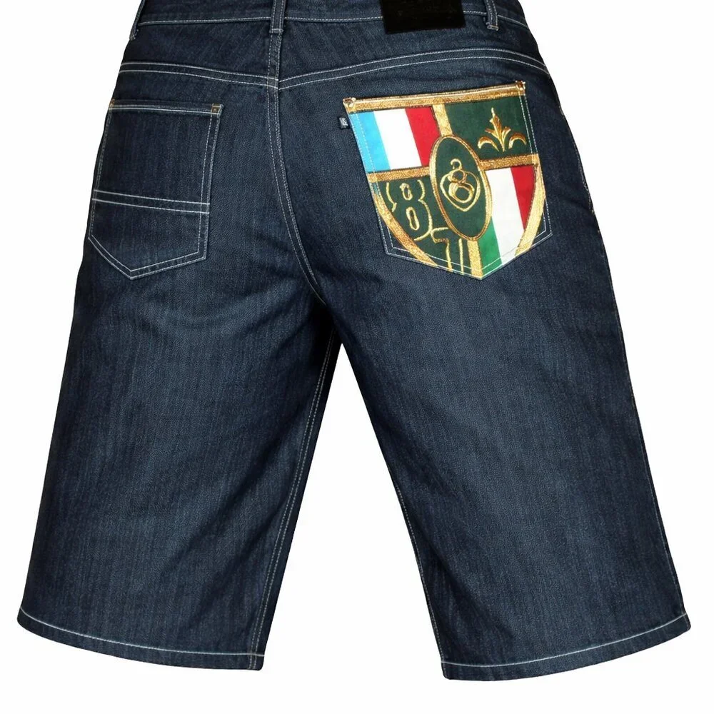 Eight 732 International Flag Urban Style Long Embellished Jean Shorts, Size 44